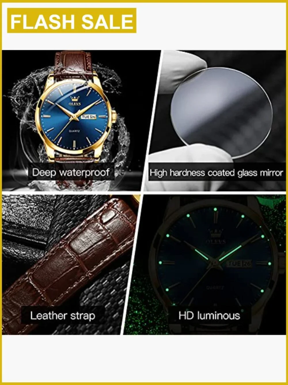 Mens Dress Watch Brown Leather Band Quartz Waterproof Gold Case 38MM Day Date